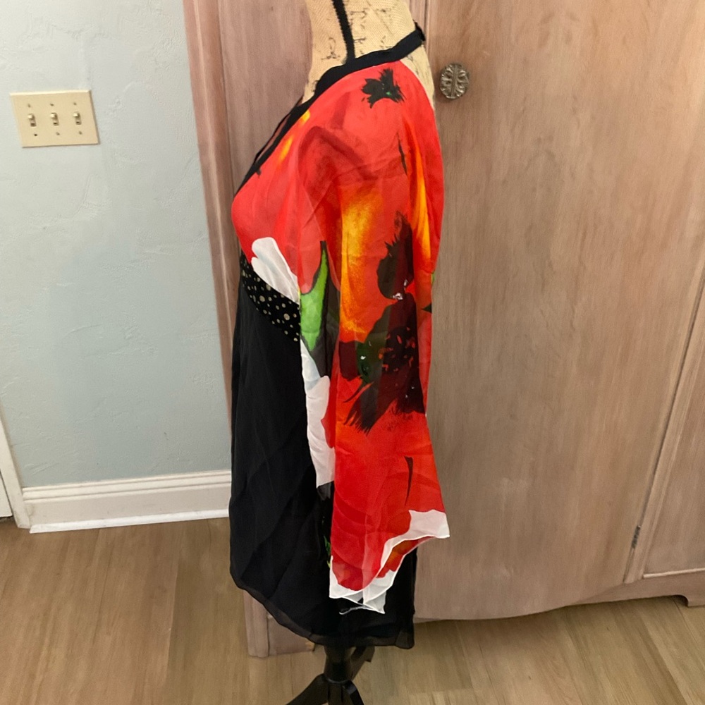 Venus 100% Silk artsy black red Floral Kimono Sleeve Dress size 12 - Picture 7 of 16